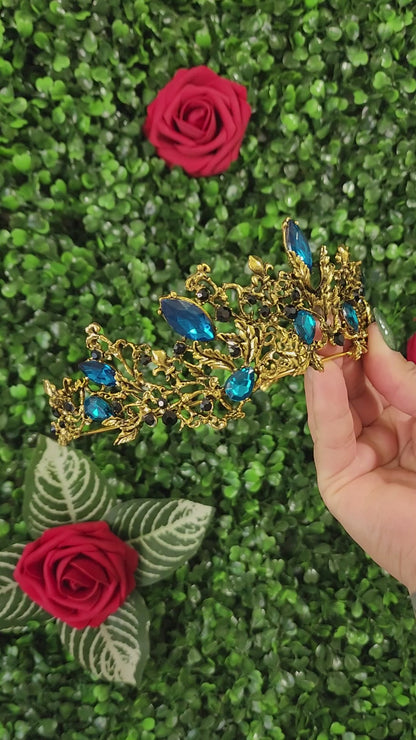 Gold Tiara with Black & Teal Rhinestones (148)