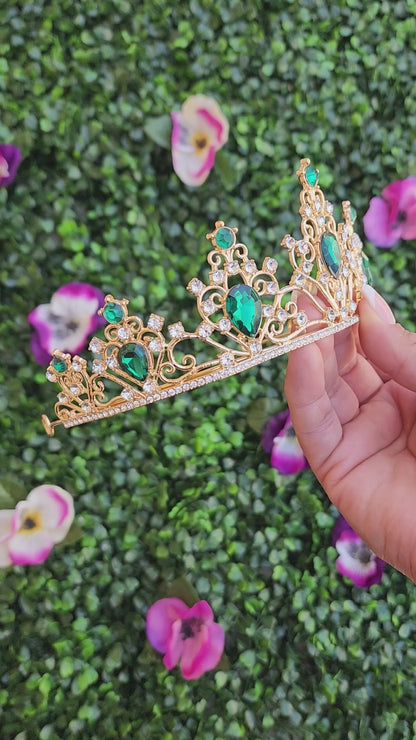 Gold Tiara with Silver & Green Rhinestones (214)