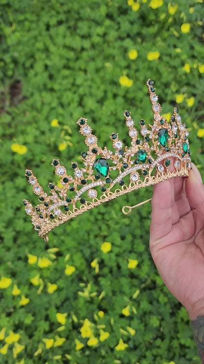 Gold Tiara with Green & Silver Rhinestones (207)