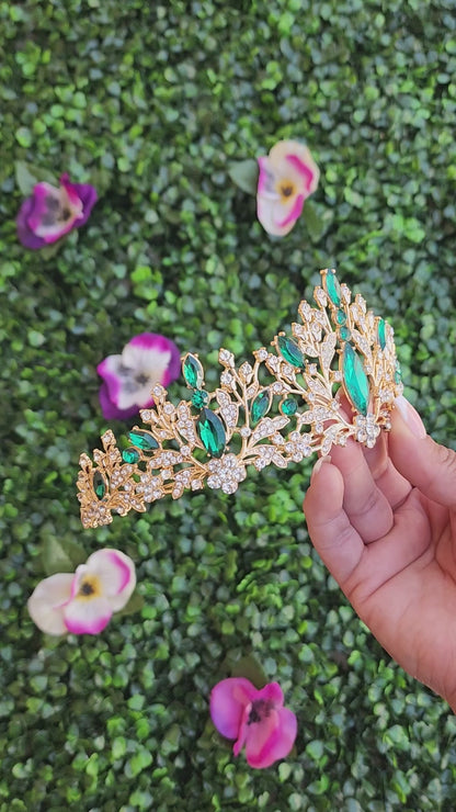 Gold Tiara with Green & Silver Rhinestones (223)