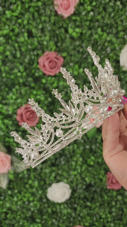 Silver Tiara with Silver Rhinestones & Faux Pearls (266)