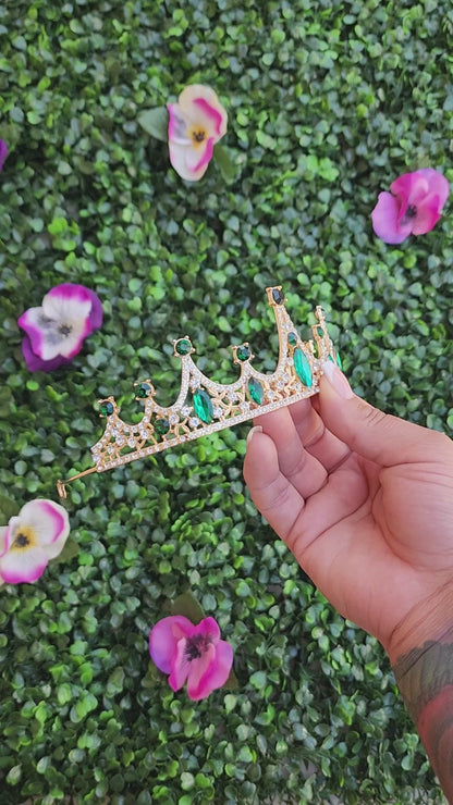 Gold Tiara with Green and Silver Rhinestones (213)