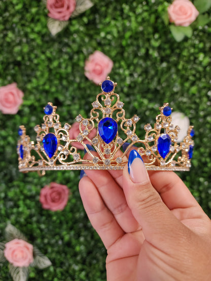 Gold Tiara with Blue & Silver Rhinestones (130)