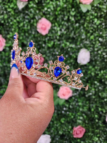 Gold Tiara with Blue & Silver Rhinestones (130)