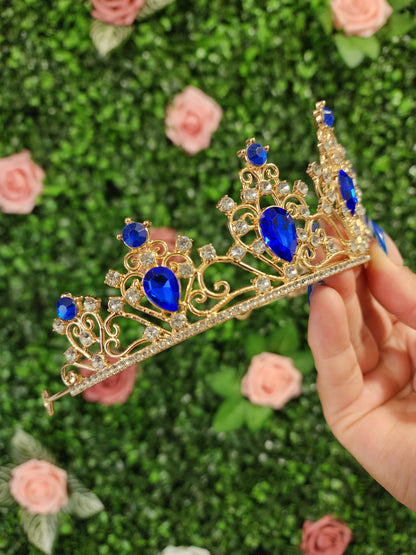 Gold Tiara with Blue & Silver Rhinestones (130)